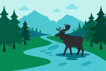 Moose Crossing Quiet Forest River Art