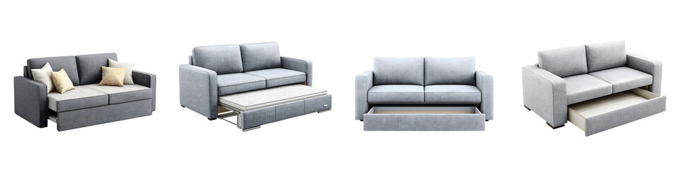 Obraz premium Convertible Sofa Beds: Gray Pull-Out Couch on White Background