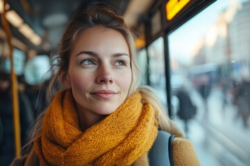Mid-adult woman commuter standing on a bus, traveling in public transport,  sustainable commuting practices in an urban setting, Generative AI