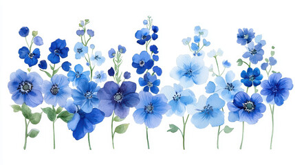 Watercolor botanical illustration of blue flowers, showcasing various shades and types, creating serene and calming atmosphere