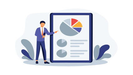 Man presenting data on a large tablet with pie charts and text in a business presentation setting