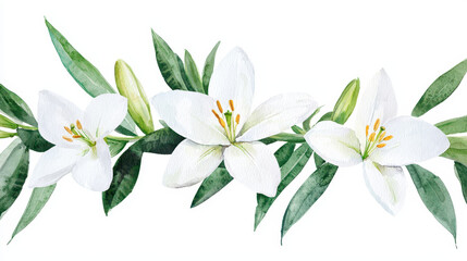Watercolor botanical illustration of white lilies with green leaves, showcasing delicate beauty and elegance