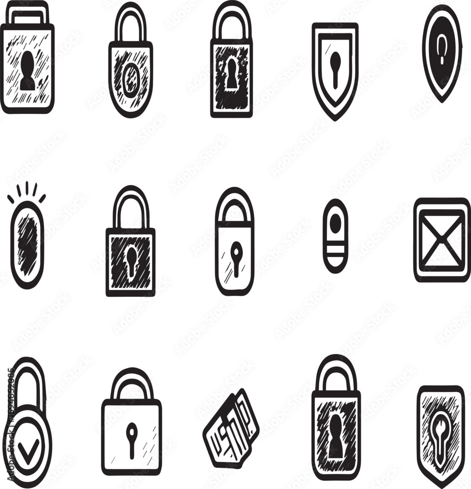 Poster a collection of security icons featuring padlocks shields and an envelope on a white background