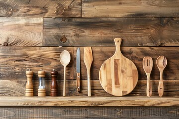 Charming rustic kitchen decor featuring wooden accessories and a towel on natural wood background