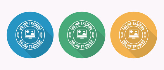 Online Training Badge Icons Emphasizing Digital Education with Blue Green and Yellow Color Schemes