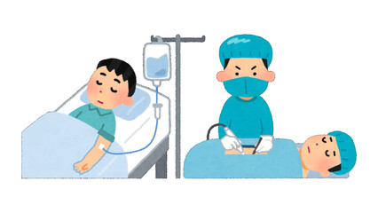 An illustration depicts a patient receiving intravenous therapy and a surgeon performing an operation in a medical setting, against a transparent backdrop.