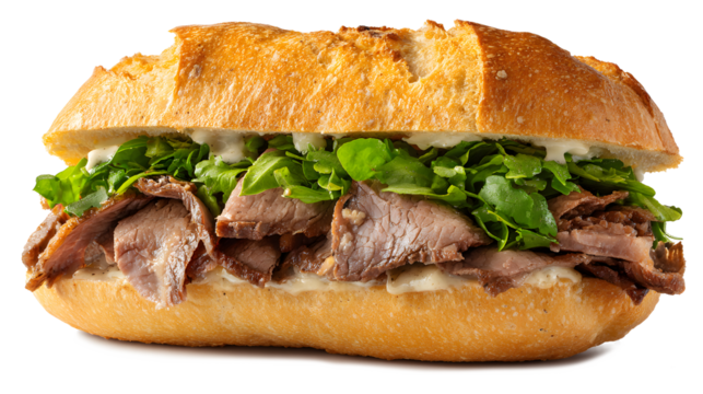 Roast beef sandwich top view isolated on a white background