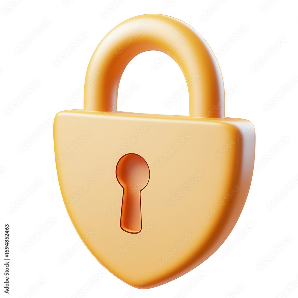 Poster 3d icon of a closed yellow padlock, representing protection data and security, isolated on a transpa