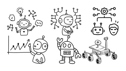 Set of Expressive Robots with Variations in Accessories and Faces – Character Design Vector