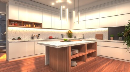 Fototapeta premium Polished kitchen interior with modern white panels, soft speckled countertops, rosewood island with storage zones and trio vertical bar lights.