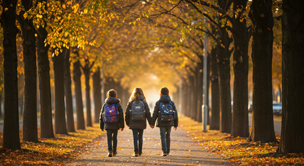Three friends walking together in autumn park with colorful leaves  