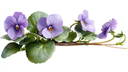 Watercolor botanical illustration of delicate purple violets with green leaves, showcasing natural beauty and elegance