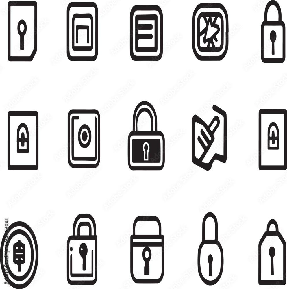 Aufkleber various black and white security icons arranged in a grid pattern on a white background