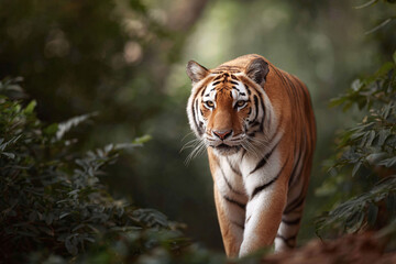 Obraz premium Majestic tiger prowls through lush foliage, strength focus conveyed by intense gaze. Conservation, wildlife, power, mystery, nature themes. Editorial use.