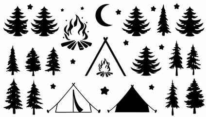 Silhouette camping scene with trees, tents, campfire, moon and stars creating a nature themed design