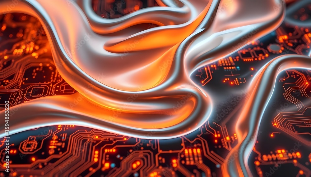 Poster fluid dynamics in technology abstract art of silver and orange patterns