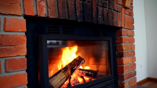 Cozy Fireplace Flames Dance in Brick Surround