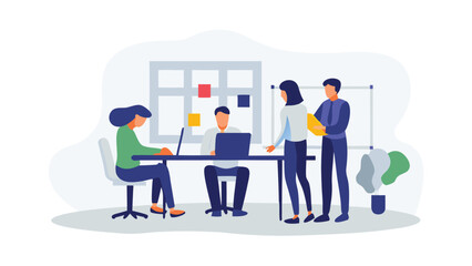 Group of coworkers collaborating on projects in a modern office with laptops and a whiteboard present