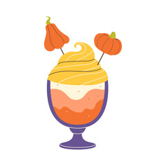 Halloween cocktail with whipped cream and pumpkin decorations