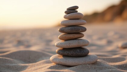 Balanced stone tower on sandy beach at sunset. Smooth pebbles stacked in serene natural landscape. Warm sunlight creates peaceful atmosphere. Calmness, zen, harmony captured in earth-tone composition.