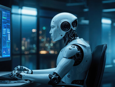 White robot working on cybersecurity program. Humanoid automaton uses computer, keyboard for data processing, system automation, network security. Future technology, AI innovation for virtual - Powered by Adobe
