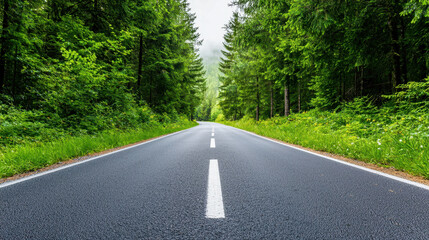 Serene winding road stretches through lush green forest, surrounded by tall pine trees and vibrant foliage, inviting