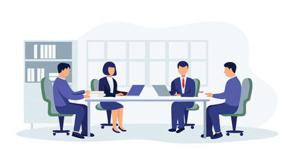 Illustration of four business people sitting around a table in a meeting room setting together now