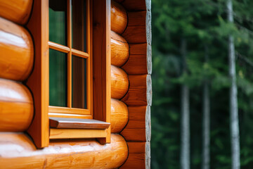 Close up view of wooden cabin window showcasing craftsmanship of log construction, surrounded by lush greenery