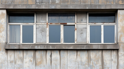 Old weathered concrete wall with cracked paint and rusty framed windows in an aged industrial building facade.