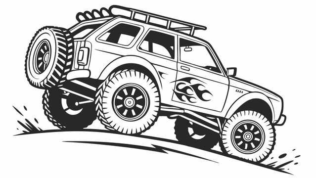 Monochrome off-road 4x4 SUV vector art. Rugged Lada Niva style vehicle with large tires and roof rack climbing a muddy hill illustration.