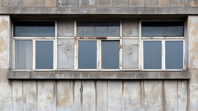 Old weathered concrete wall with cracked paint and rusty framed windows in an aged industrial building facade.
