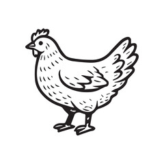 A minimalist black and white vector of a hen, featuring bold black outlines, creates a clean and charming farm animal illustration design.

