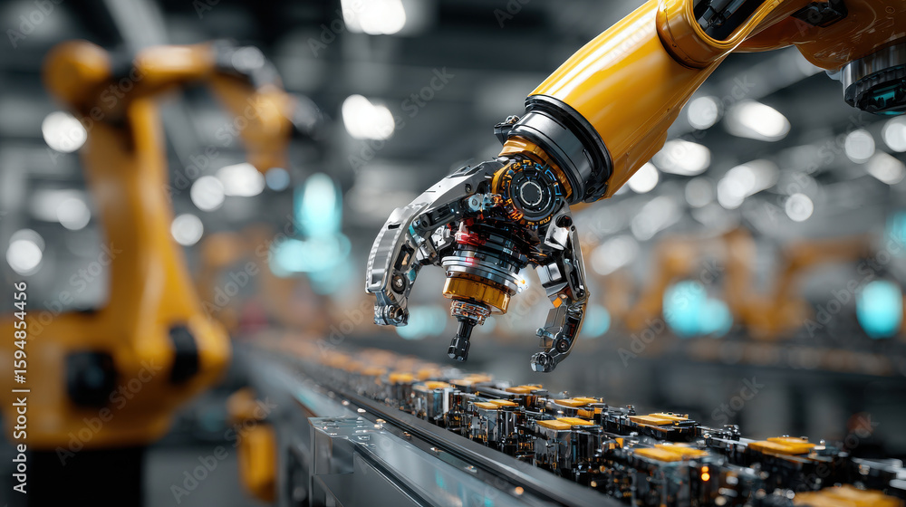 Poster robotic arm working on assembly line process background image