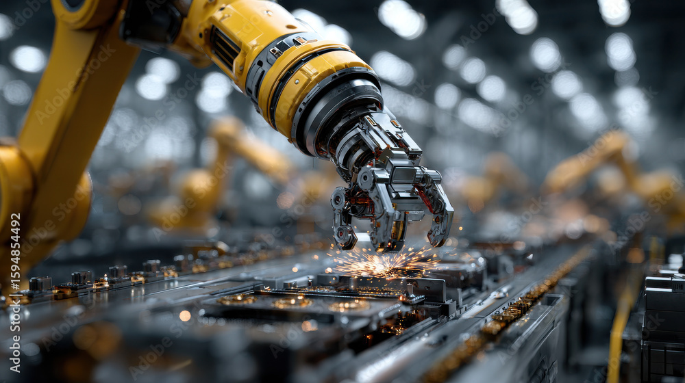 Poster robotic arm working on assembly line process background image