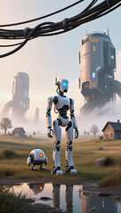 A humanoid robot and its small companion stand in a rural field at dusk, with massive futuristic structures on the horizon. A vision of AI coexisting with nature.