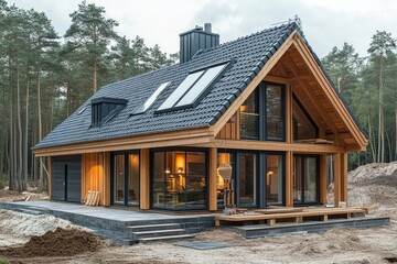 Construction of an ecological, low-energy, sustainable wooden eco-house, emphasizing the importance of green building practices and environmental consciousness, Generative AI