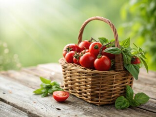 Fresh Garden Tomatoes & Basil: Rustic Harvest Basket