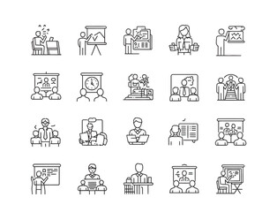 Conference Vector Icon Set with Adjustable Line Weight for Events and Seminars  
