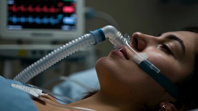 Woman patient on ventilator in hospital. Intensive care unit medical treatment with vital sign monitor. Hospital footage.