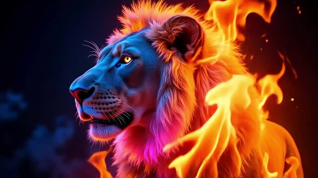 Majestic lion portrait illuminated by vibrant hues and fiery accents against a dark background.