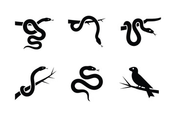 Black silhouettes of snakes coiled on branches and a bird perched on a branch serpent