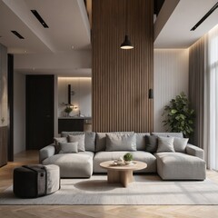Modern loft living room with comfortable grey sectional sofa, wooden accent wall, large window. Features minimalist furniture, neutral color palette, natural light creating cosy, stylish atmosphere.