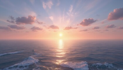 Sunrise illuminates ocean with soft pink and orange hues. Gentle waves create texture on water surface. Vast horizon displays sky with scattered clouds. Peaceful natural scene.