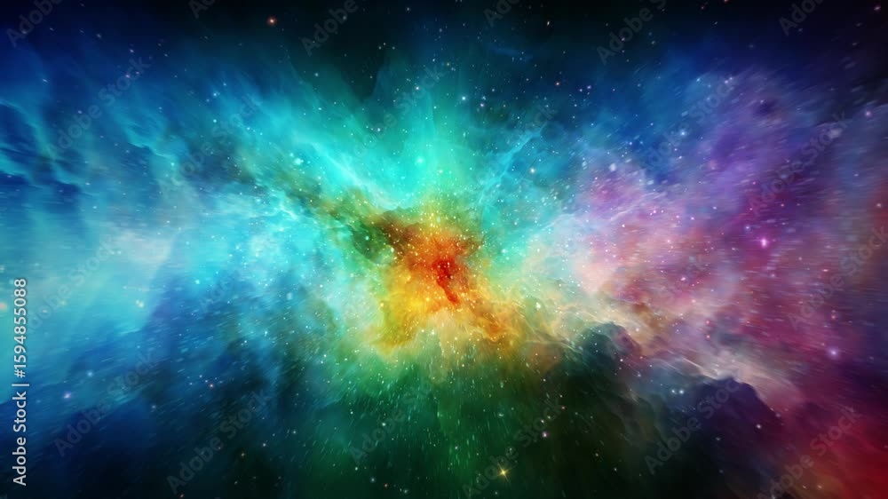 Poster loop colorful space travel nebula in deep space abstract sci fi background. 4k 3d seamless loop sci-