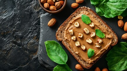 Toasted bread with nut butter, almonds, and spinach.