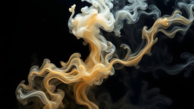 Abstract Cream and Gray Smoke Swirling on Black Background