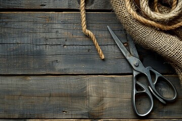 Top view of a coil of rough rope and scissors on a wooden surface for crafting projects