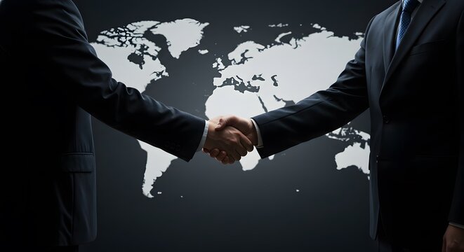 Two businessmen shaking hands, global map background, signifying international business partnership.