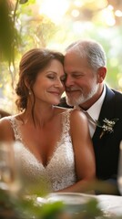 Mature bride and groom sharing a romantic moment during their wedding reception in a scenic outdoor garden, symbolizing love and celebration in a beautiful, intimate setting, Generative AI