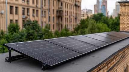 Sustainable energy solutions concept, Solar panels on a rooftop with a city backdrop, emphasizing renewable energy in urban settings.